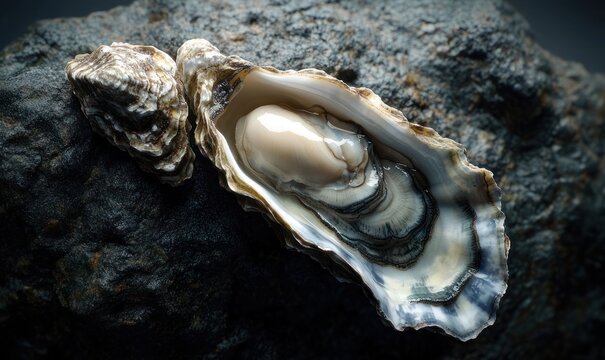 glistening open oyster with exposed creamy flesh and adjacent closed shell resting on textured dark rock, moist iridescent interior conveying serene fresh marine elegance