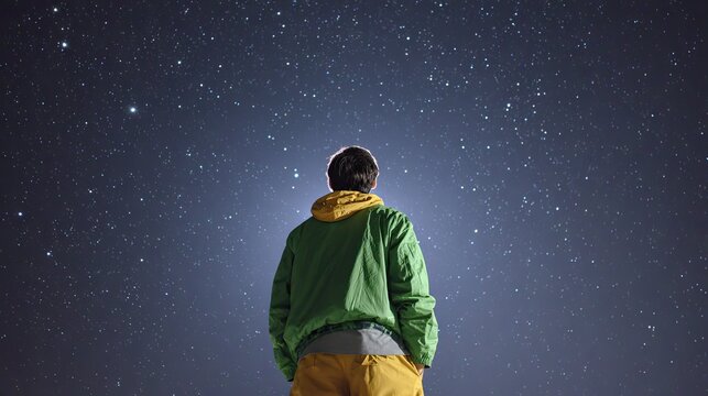 Lonely figure back view gazing vast starry sky, quiet night cosmos illustration, exploration hope meditation theme, spacious negative‑space conceptual graphic