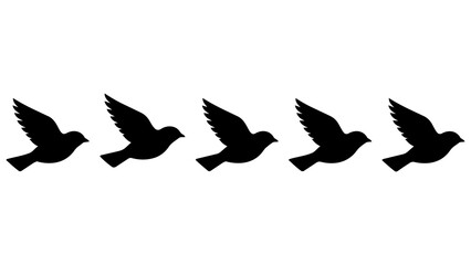 Naklejka premium Five Minimalist Black Silhouette Birds Flying in a Row - Modern Vector Icons for Design Projects