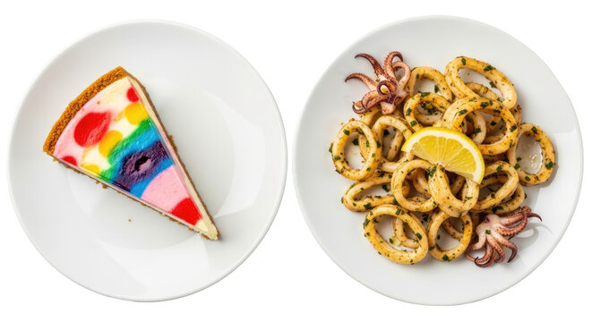Colorful Rainbow Cheesecake Slice And Fried Calamari Rings Served On White Plates With Transparent Background