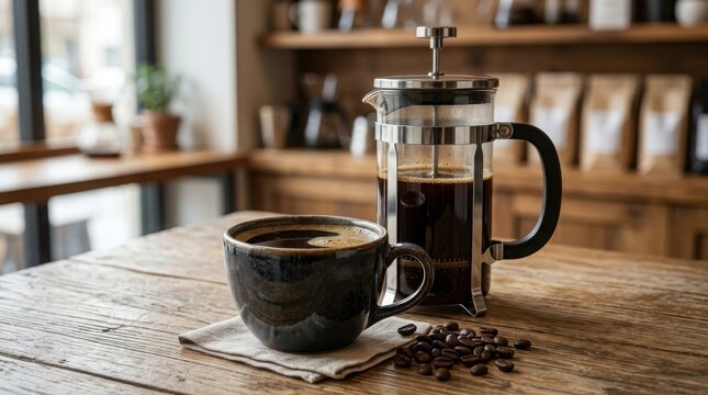 Freshly brewed coffee in a french press with a dark mug on a marble surface