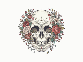 Fototapeta premium Intricate sugar skull illustration adorned with vibrant floral arrangements and delicate botanical elements.