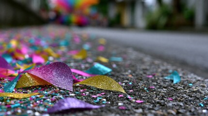 Obraz premium Colorful Confetti Scattered on the Street After a Lively Procession Celebration