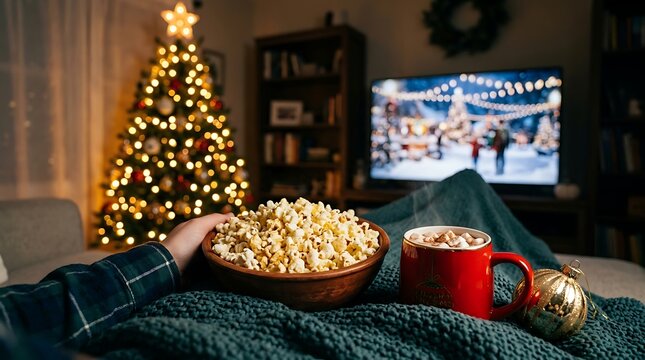 Cozy christmas movie night at home with popcorn and hot cocoa