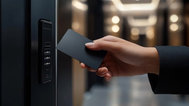 close-up of hand holding access card to electronic door reader in sleek hallway, secure confident gesture