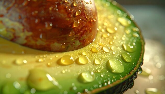 Fresh ripe avocado half with seed and glistening water drops macro close up view