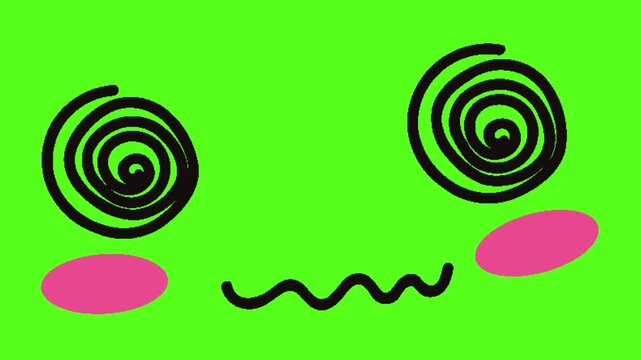 Dizzy cartoon faces with swirling eyes and pink blushing cheeks on vibrant green background pattern with displays repeating pattern featuring black spiral cheeks against bright video displays loop