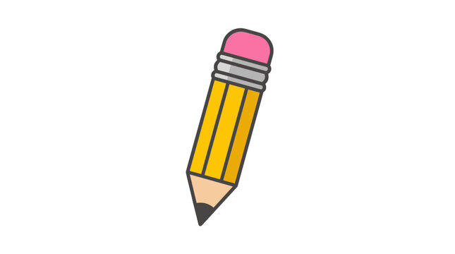 Yellow pencil with pink eraser vector illustration, writing tool on white background