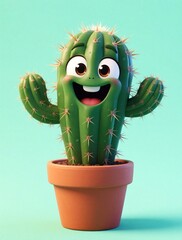 Naklejka premium Happy cartoon cactus in pot waves arms. This cheerful plant smiles broadly with big eyes and sharp spines. Green succulent in terracotta container, perfect for fun designs.