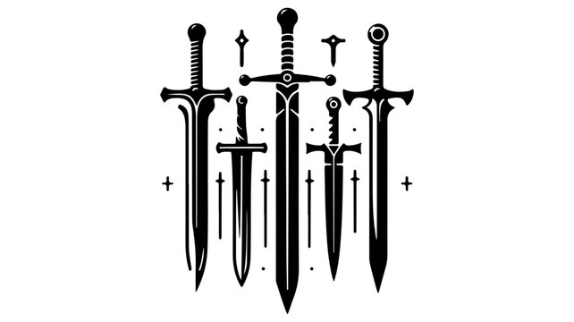 Medieval sword collection vector, fantasy blade weapon icons, black and white knight armory set, historical steel longsword silhouettes