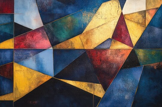 vibrant abstract composition of intersecting geometric planes and textured triangles in deep blues, golds, reds and blacks conveying dynamic energy and contemplative tension
