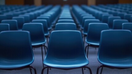 Naklejka premium Rows of blue plastic chairs with metal legs in an empty auditorium, repeated perspective conveying calm anticipation and quiet solitude
