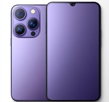two sleek purple smartphones side by side, one showing glossy triple camera and flash on the back, the other a minimal bezel front display with a small notch, modern premium feel