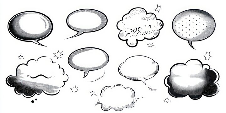 blank comic speech and thought bubbles with playful stars and halftone shading, whimsical hand-drawn cartoon callouts