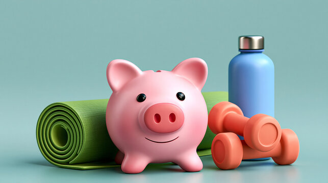 Piggy bank with yoga mat and water bottle showcasing financial wellness lifestyle balance between health wealth and Sunday reset