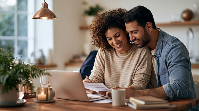 Couple smiling over debt free plan at dining table showcasing financial wellness emotional relief and positive household money future