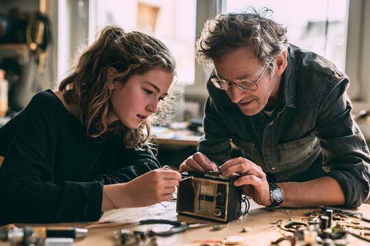 Frau und &auml;lterer Mann reparieren gemeinsam ein altes Radio