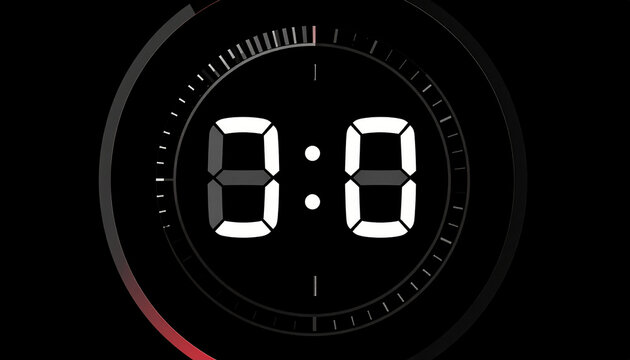 Digital Timer Countdown Clock Displaying Zero Zero with Futuristic Circular Interface and Subtle Red Glow on Black Background