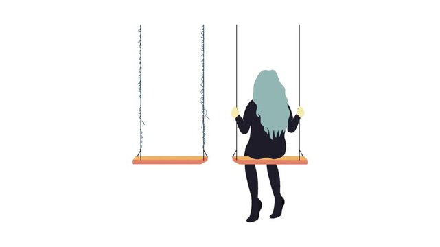 Minimalist illustration featuring a young woman sitting on a swing in repeating sequential motion with video displays minimalist flat vector illustration solid white background long hair sitting