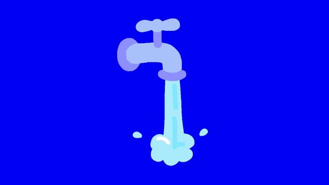 Three identical cartoon faucets flowing water streams against a solid vibrant blue background loop with horizontally each continuously icons arranged horizontally continuously pouring steady liquid