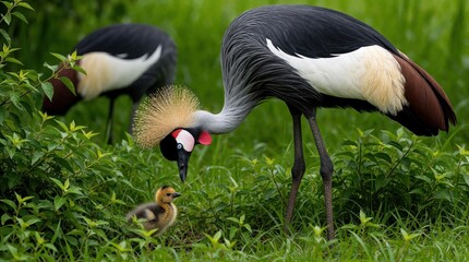 Fototapeta premium Grey crowned African crane parents care for small baby chick in green grass. Endangered bird family foraging in wetland habitat. Adult birds with gold crest feathers watch over young offspring in