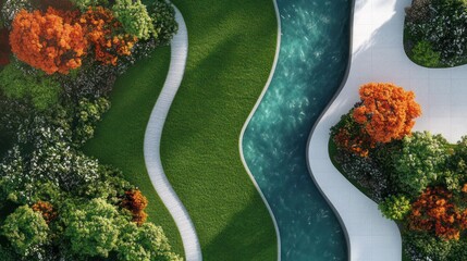 Naklejka premium aerial view of a tranquil landscaped park with a winding turquoise stream, curved white walkways, green lawns and clusters of green and orange trees