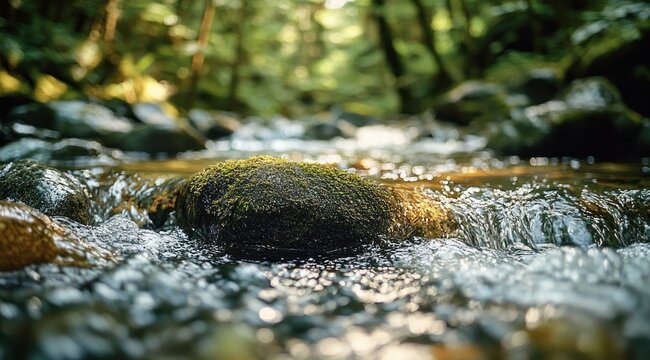 Moss-covered rock sitting in a sunlit shallow stream with sparkling flowing water and blurred green forest background, evoking peaceful tranquility