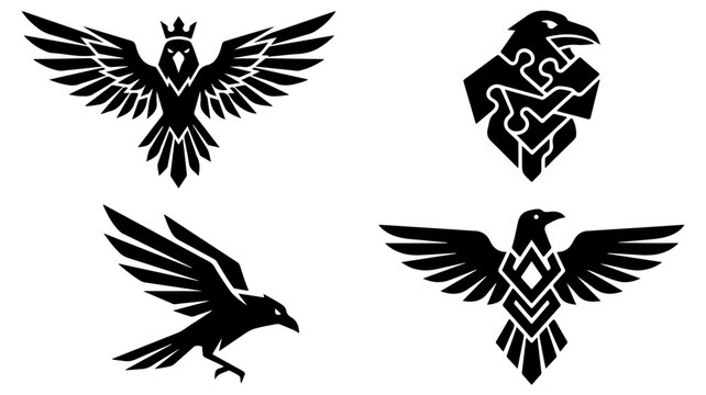 Heraldic raven logo set, black eagle silhouette icons, 4 vector bird emblems, geometric crow mascot designs for branding