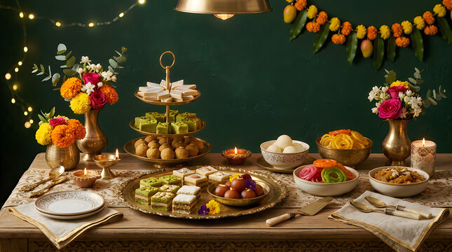 Festive indian holiday table setting with traditional sweets and flowers