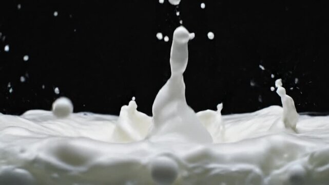 White Milk Pouring and Splashing Creating Crown Shape on Black Background