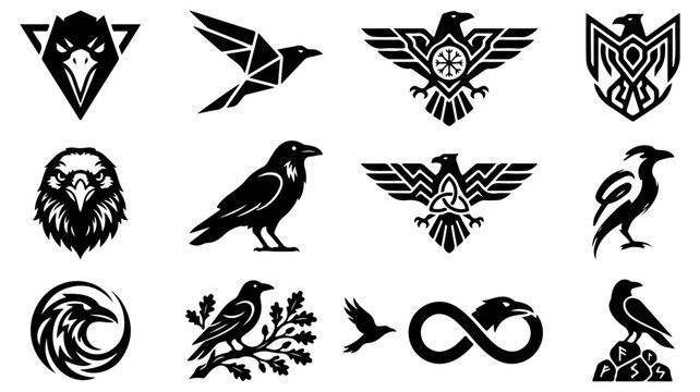 Raven and crow logo collection, 12 black bird vector icons, geometric eagle and hawk silhouettes, tribal raven mascot set