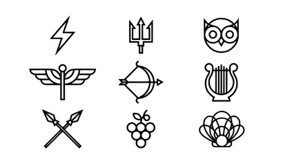 Fototapeta premium Modern Greek Mythology Geometric Icon Collection with Olympian Gods Symbols and Ancient Navigation Emblems