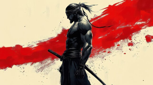 Brooding lone swordsman with katana and headband in profile against a sweeping red brushstroke and ink splatter, intense and determined