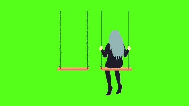 Minimalist illustration featuring three identical figures sitting alone on swings against a solid green background with identical vector style video displays three hair sitting wooden contemplative