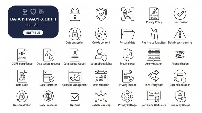 Data privacy and GDPR compliance icons set with various security symbols and concepts.