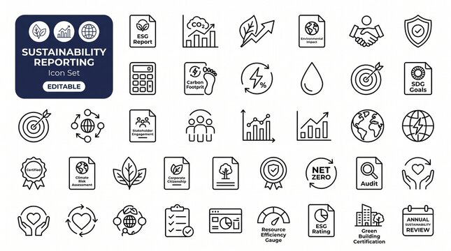 Sustainability reporting icon set with ESG metrics, carbon footprint, SDG goals and corporate governance symbols, editable stroke.