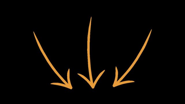 Three sets of hand drawn orange arrows pointing downward against a solid black background surface with downward rhythmic animation displays three distinct video displays informational navigation
