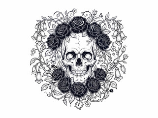 Fototapeta premium Intricate black and white illustration of a human skull surrounded by blooming roses and floral vines.