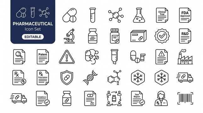 Pharmaceutical icon set with drug development, clinical trial, laboratory research and FDA approval symbols, editable stroke.