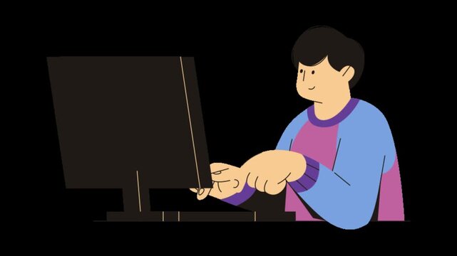 Animated professional character typing on desktop computer displaying focused workflow and digital efficiency productivity concept with computer keyboard consistent consistent rhythm against monitor