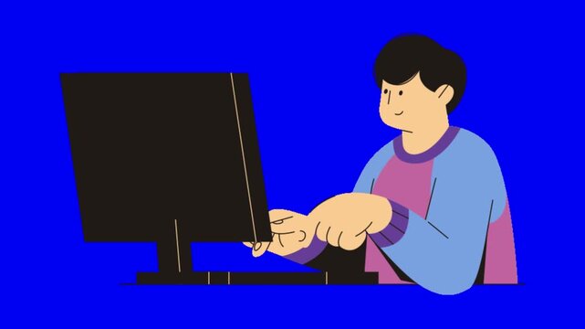 Digital cartoon character typing on computer screen representing remote software development with background looping animation computer keyboard against vibrant blue background flat design cartoon