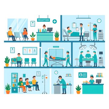 Flat Design Hospital Interior Vector Illustration with Reception Desk, Emergency Room, and Pharmacy