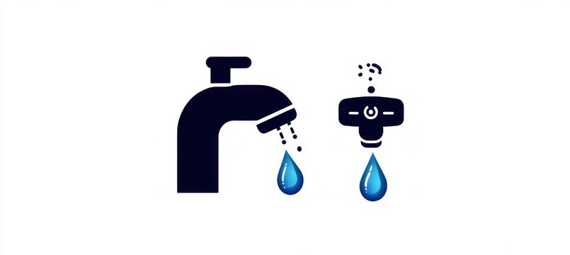 minimalist dark faucet and valve icons each leaking a glossy blue water droplet, conveying concern about water waste