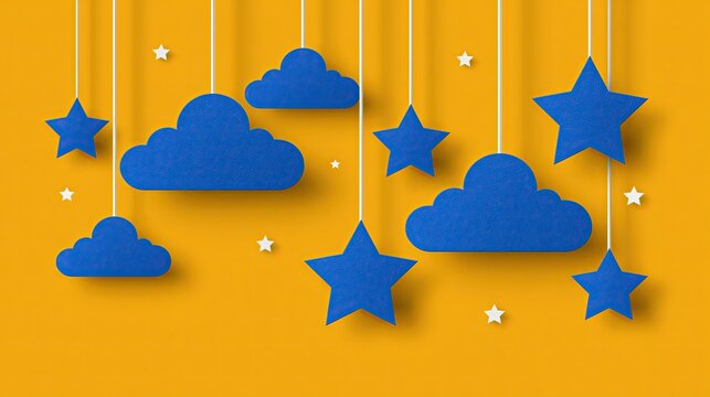 Paper‑art hanging cloud and star ornaments, blue paper‑cut pendants on bright yellow background, playful 3D papercraft, kid‑themed decorative graphic