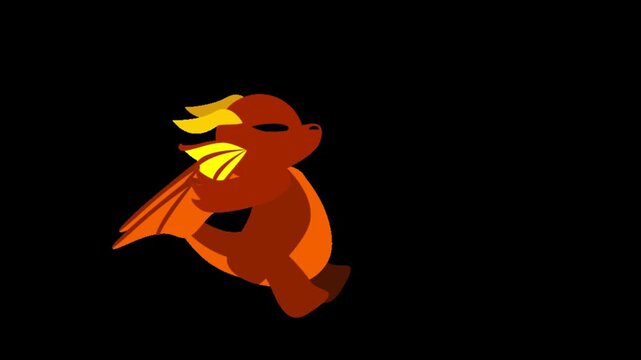 Animated orange dragon character performing fire breathing and idle motions against solid black background with performing various movements movements with movements