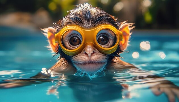 person wearing yellow swimming goggles peeking above blue pool water with playful, focused expression and sunlit bokeh