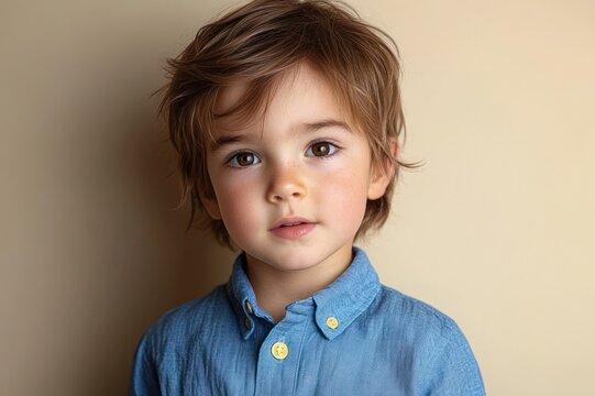 Portrait of a young child with obscured face in a blue button-down shirt, calm neutral expression against a plain beige background