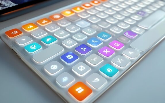 close-up of a low-profile white keyboard with colorful illuminated multimedia shortcut keys and icon keycaps emitting a soft futuristic playful glow