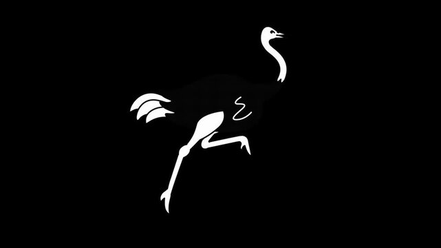 Minimalist ostrich silhouette icons arranged in horizontal row against solid black background graphic design with ostrich silhouettes standing video displays horizontal three minimalist white clean