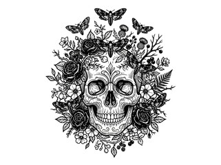 Obraz premium Intricate black and white illustration of a human skull surrounded by blooming flowers and moths.